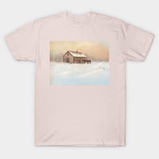 Snowy Pink Sunset Barn Oil on Canvas T-Shirt